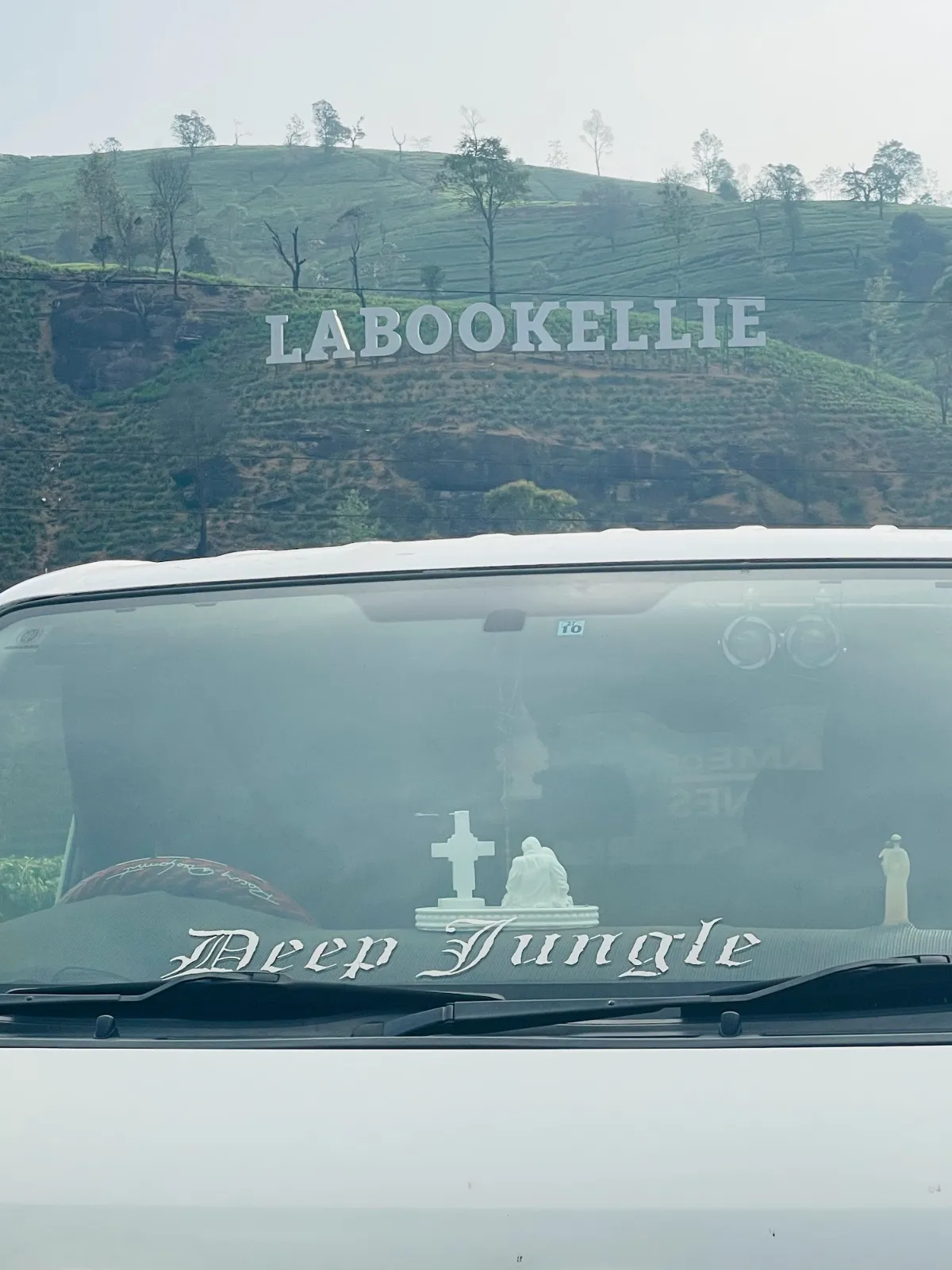 The Labookellie name in white letters on a hillside of tea bushes